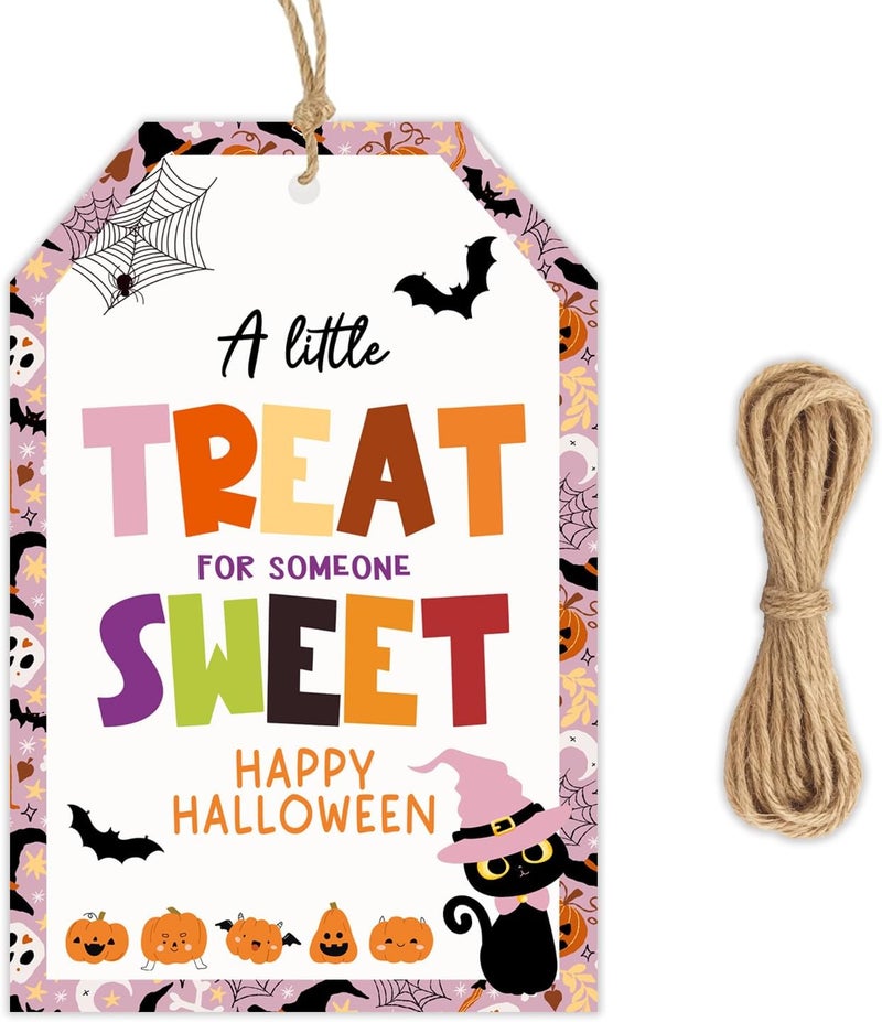 llyinglpdec 50PCS Halloween Paper Tags with String, 2.2"x3.3" Cute Pumpkin Cat Design, A Little Treat for Someone Sweet Labels for Candy Bags, Party Favors, Halloween Decorations - Image 1